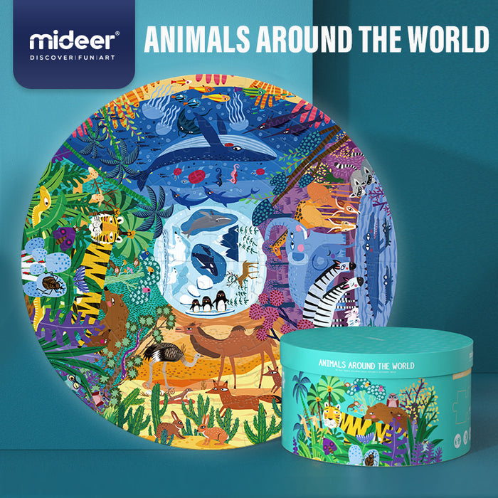 MiDeer 150 pieces Jigsaw Puzzle, Round ANIMALS ROUND THE WORLD Puzzle, Large Puzzle Piece