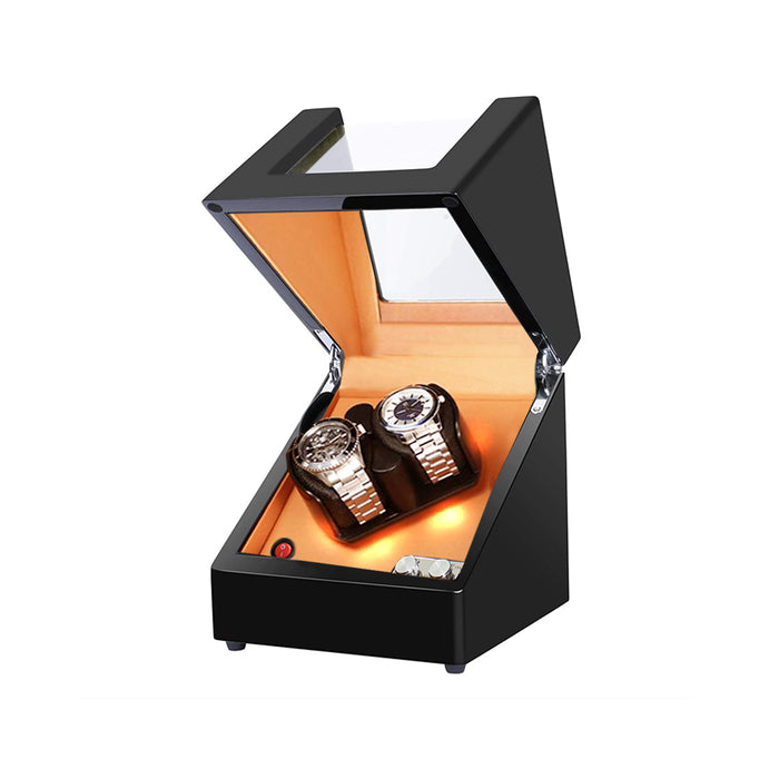 Watch Winder for DUAL Watch Storage PREMIUM Box, Automatic Watch 2+0 with LED Light Function, Power Battery / USB Operated Piano Wood