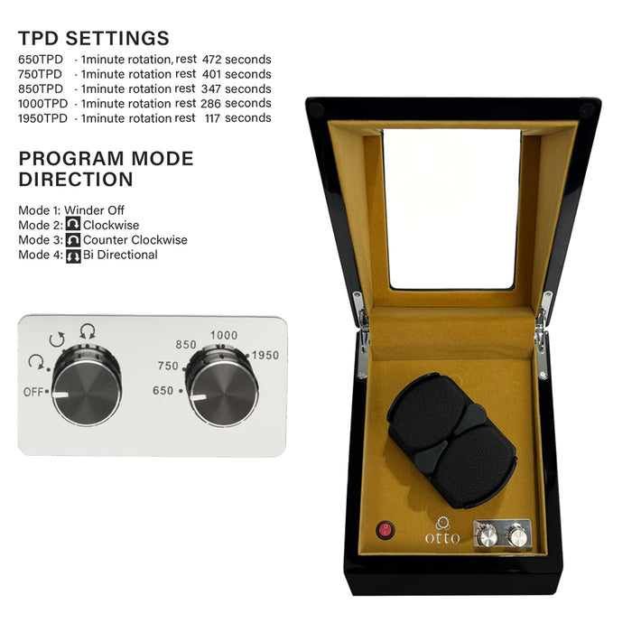 OTTO DUAL Watch Winder for Automatic Watch Piano Black Brown Suede Interior with TPD, LED LIGHT Functions and Suede Interior