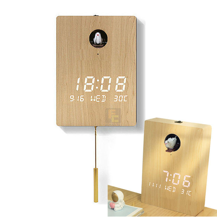 Cuckoo Smart Sensor LED Digital Wood Wall Clock / Table Clock with Forest and Waterfall Cuckoo Sound