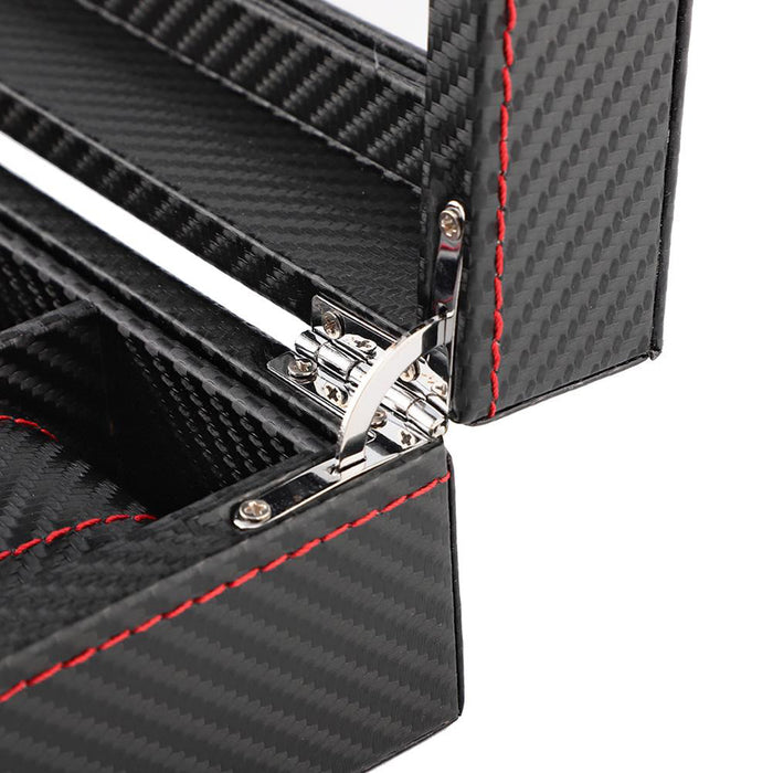 6 Slots Watch Storage Box Display Carbon Fiber Red Stitches in Silver Hardware