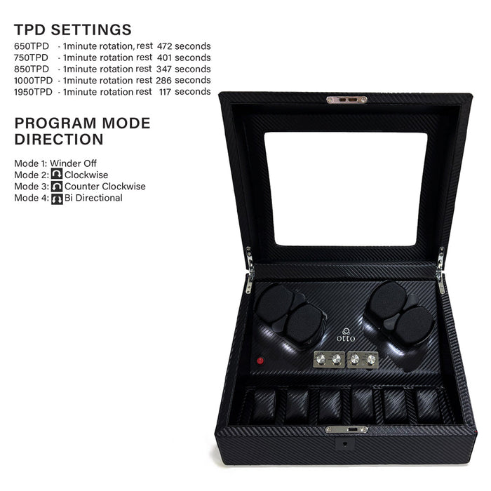 OTTO Quad Watch Winder and 6 Storage for Automatic Watch with TPD, LED LIGHT Functions in Carbon Fiber