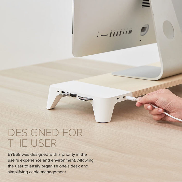 POUT EYES 8- 3 in 1 Monitor Stand Hub with Fast Wireless Charging Pad [White]