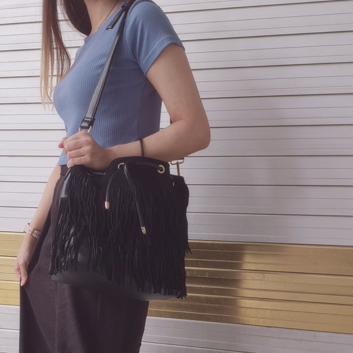Ladies Handbag- Suede Drawstring Bucket Bag , Fringe Tassel Shoulder Bag
