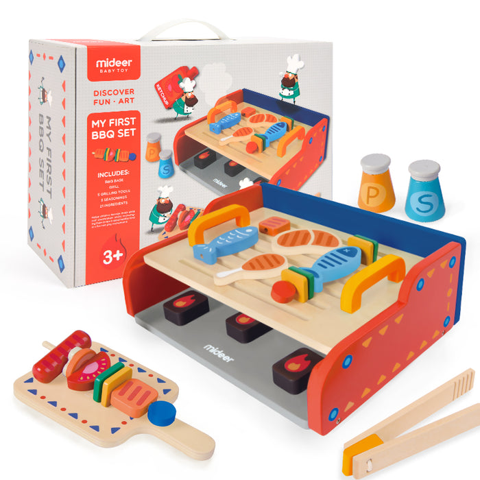 Mideer Pretend Playset Wooden Set My First BBQ, Tool Bench, Medical Kit