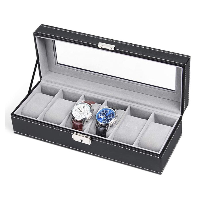 6 slots Watch Storage Box Display PU Leather in Silver Hardware
