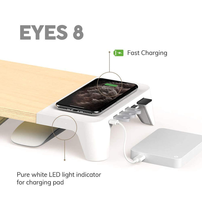 POUT EYES 8- 3 in 1 Monitor Stand Hub with Fast Wireless Charging Pad [White]