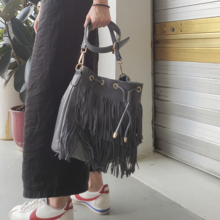 Ladies Handbag- Suede Drawstring Bucket Bag , Fringe Tassel Shoulder Bag