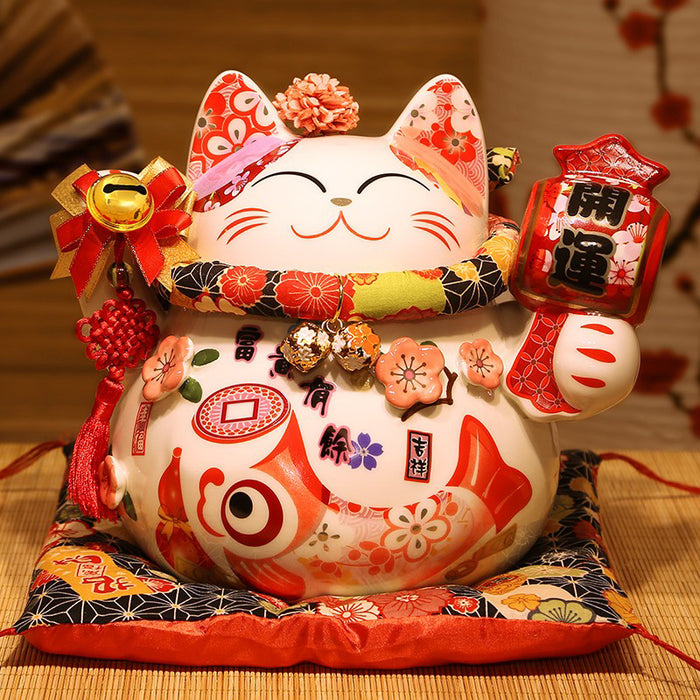 20cm Ceramic Fortune Cat Maneki Neko with Meanings Money Box Lucky Cat Piggy Bank with Bells