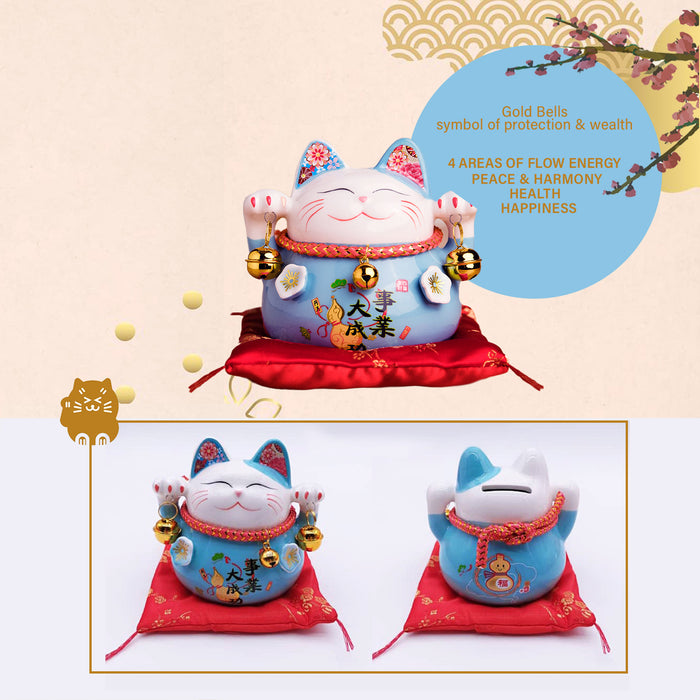 4.5inch Ceramic Fortune Cat Maneki Neko with Colour Meanings Ornament Money Box Lucky Cat Piggy Bank with Bells