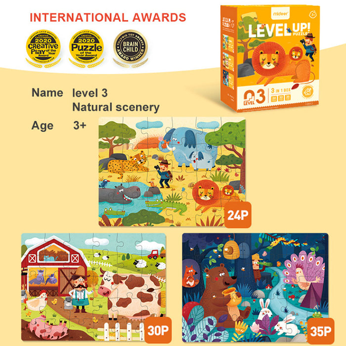 MiDeer Level Up Jigsaw Puzzles Level 3, Three Themes for Kids Ages 3 Up