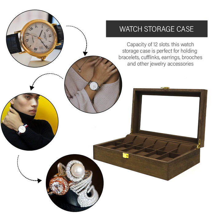 12 slots Watch Storage Box Display MATT WOOD Case in Gold Hardware