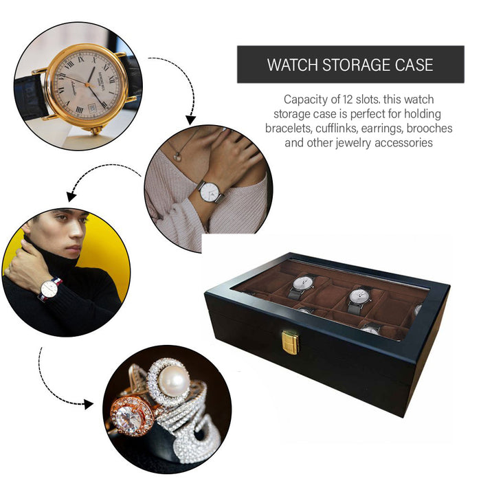 12 slots Watch Storage Box Display MATT BLACK  Wood Case in Gold Hardware