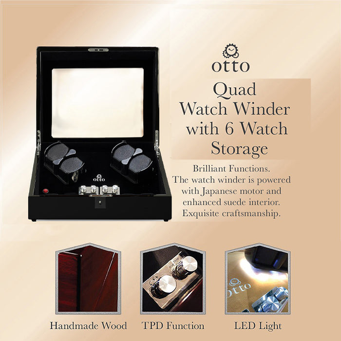 OTTO Quad Watch Winder and 6 Storage for Automatic Watch with TPD, LED LIGHT Functions Piano Full Black Suede Interior