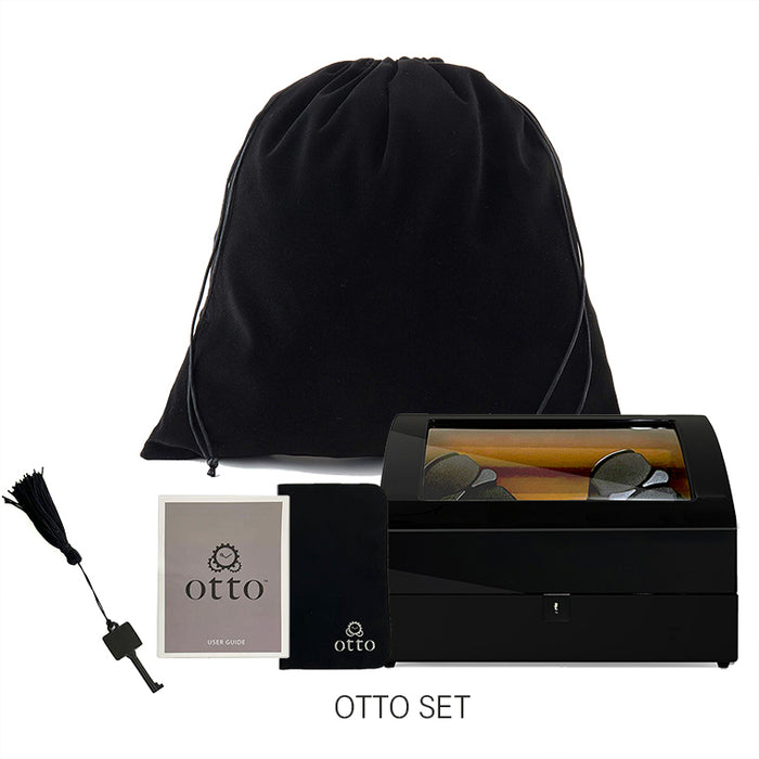 OTTO Quad Watch Winder and 6 Storage for Automatic Watch with TPD, LED LIGHT Functions Piano Black Brown Suede Interior