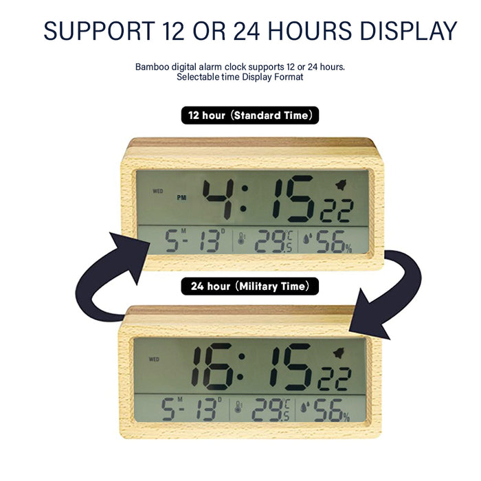 Bamboo Digital LED Alarm Clock with Snooze /Date/Temperature /Humidity /Night light Desktop Electronic Clock
