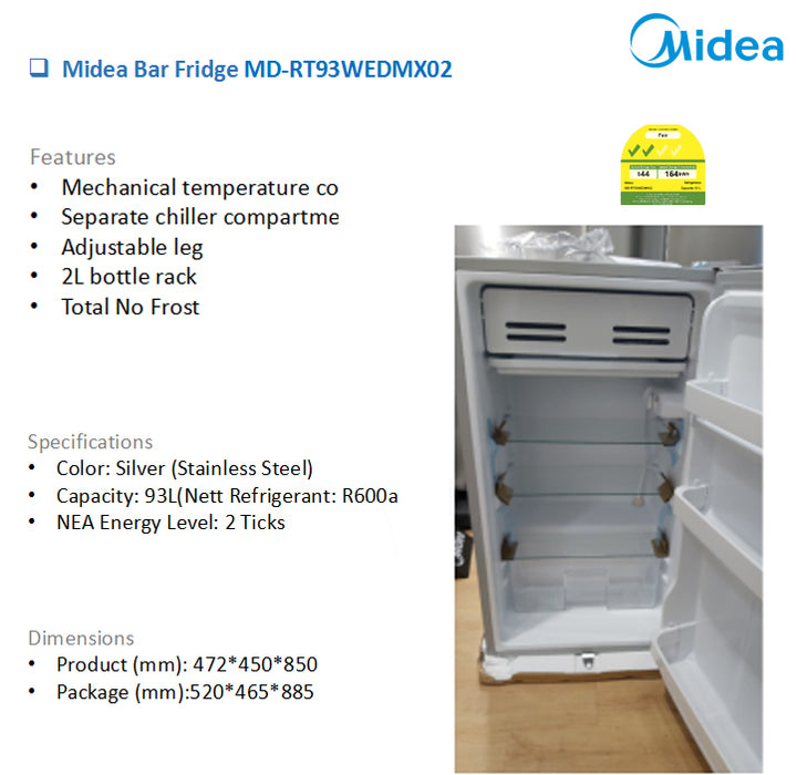 Midea 93L Bar Refrigerator Fridge RT93WEDMX02 FREE DELIVERY