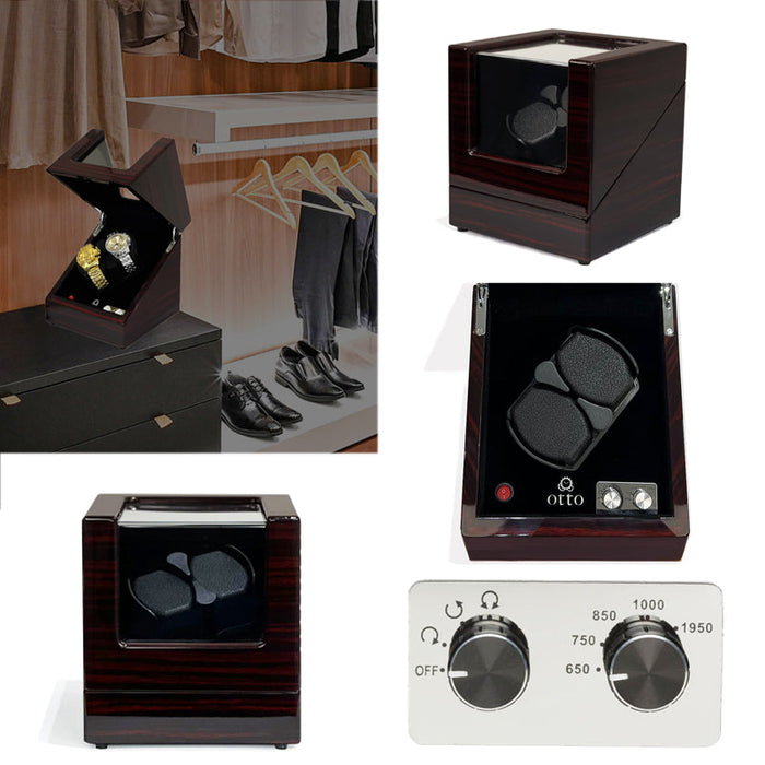 [1 Year Warranty] OTTO DUAL Watch Winder for Automatic Watch Piano Red Wood Black Suede Interior with TPD, LED LIGHT Functions and Suede Interior