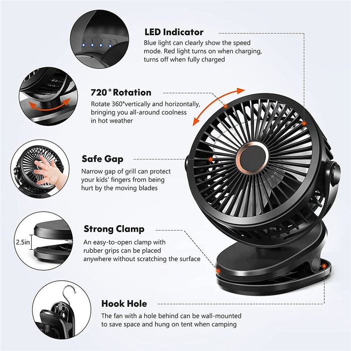 Clip On Portable Rechargeable Fan 10000mAh up to 10 hours For Stroller Desktop Kids Friendly Washable