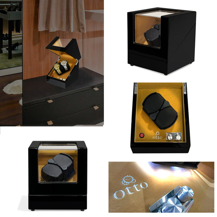 [1 Year Warranty] OTTO DUAL Watch Winder for Automatic Watch Piano Black Brown Suede Interior with TPD, LED LIGHT Functions and Suede Interior