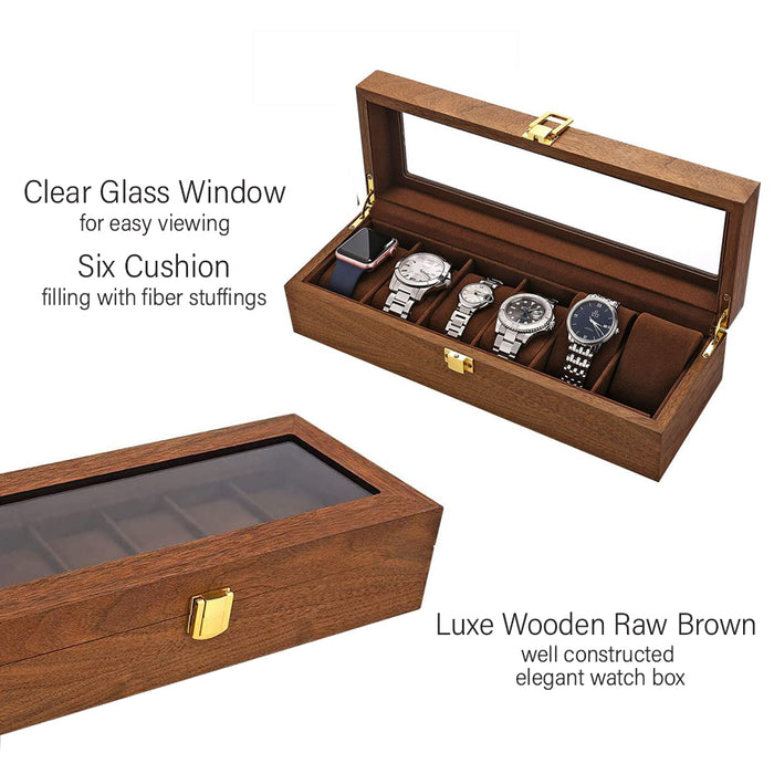6 slots Watch Storage Box Display Wood in Gold Hardware