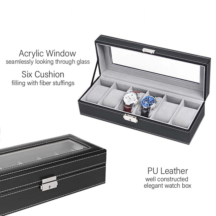 6 slots Watch Storage Box Display PU Leather in Silver Hardware