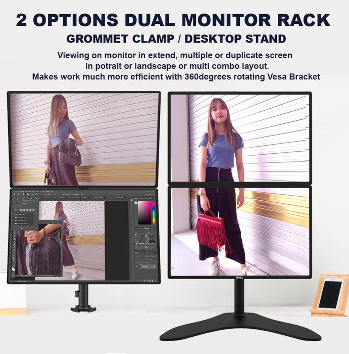 Dual Vertical Monitor Rack Stand GROMMET Clamp