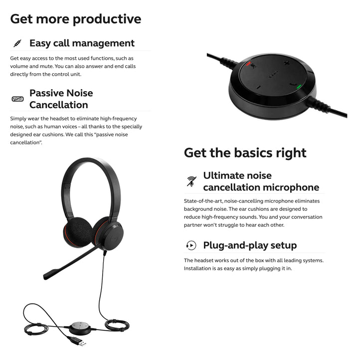Jabra Evolve20 Stereo MS/UC Wired Headphones, USB-A Noise Cancellation Headset 2 Years Warranty