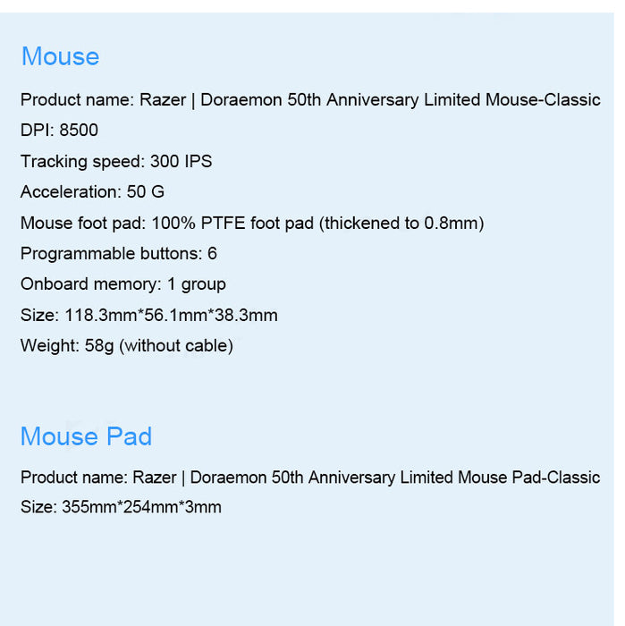 Razer Doraemon 50th Anniversary Wired Mouse + Mousepad Combo