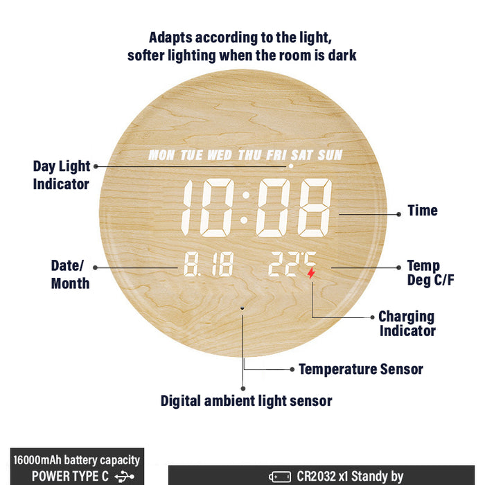 Smart Sensor Digital Wood Wall Clock, Round Wall & Desktop Clock with Easel Stand