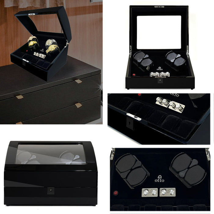 OTTO Quad Watch Winder and 6 Storage for Automatic Watch with TPD, LED LIGHT Functions Piano Full Black Suede Interior