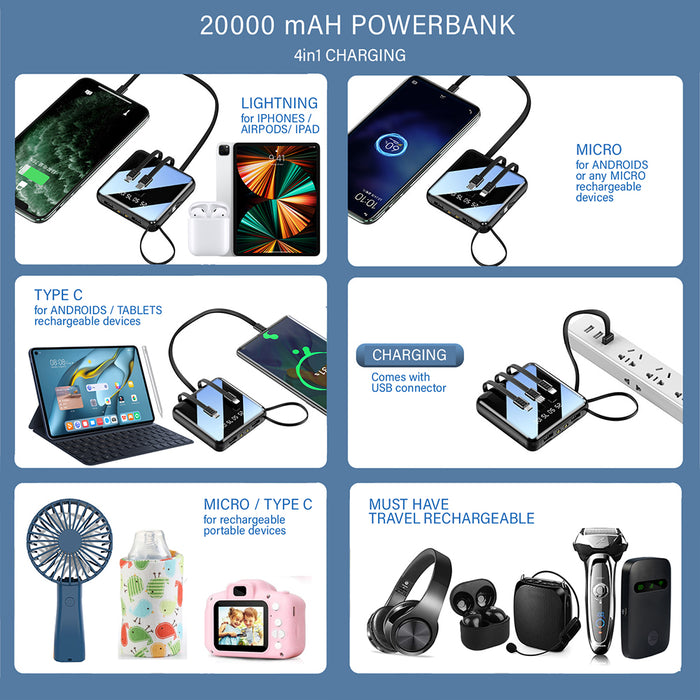 Mini Power bank 20000mAh with 4in1 Powerbank with LED Torch Light Micro Type C and Lightning Travel Essential