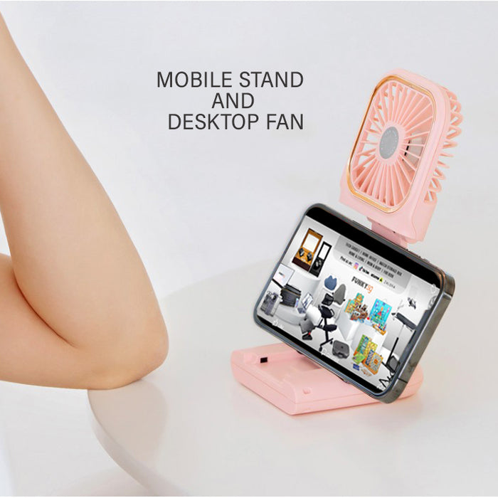 Portable Neck Fan F30 with Mobile Stand Multi Use Foldable Desktop Handheld Halter Fan with Power Bank Built-In Battery