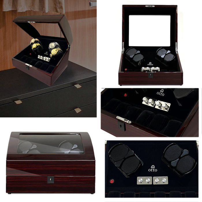 OTTO Quad Watch Winder and 6 Storage for Automatic Watch with TPD, LED LIGHT Functions Piano Red Wood Black Suede Interior