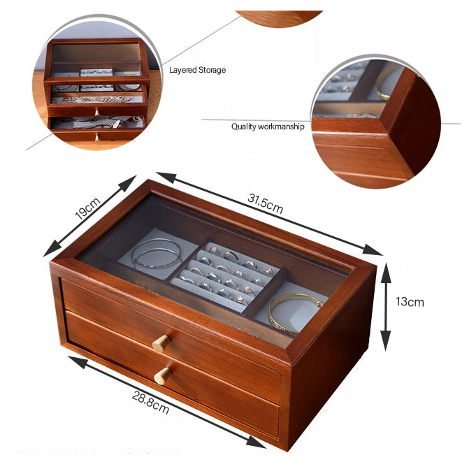 Two Drawer Brown Solid Wood Jewelry Box , Jewelry Storage Display Organizer