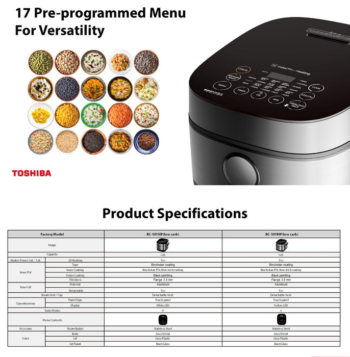 TOSHIBA 1.0L / 1.8L Rice Cooker Induction Technology RC-10IRPS/RC-18ISPS,  Low GI