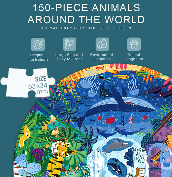 MiDeer 150 pieces Jigsaw Puzzle, Round ANIMALS ROUND THE WORLD Puzzle, Large Puzzle Piece