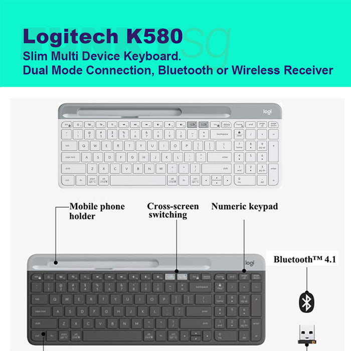 Logitech K580 Wireless Keyboard Slim Multi-Device - DUAL connection (2 Colours)