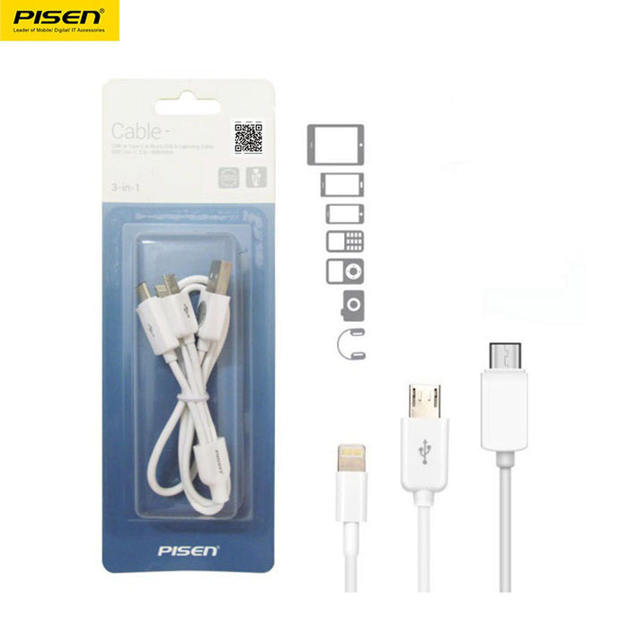 Pisen Fast charge 3 in 1 Lightning, Micro and Type C USB cable (2 Lengths)