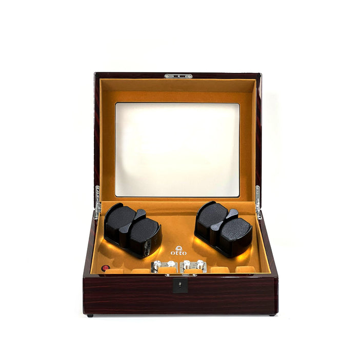 OTTO Quad Watch Winder and 6 Storage for Automatic Watch with TPD, LED LIGHT Functions Piano Red Wood Brown Suede Interior