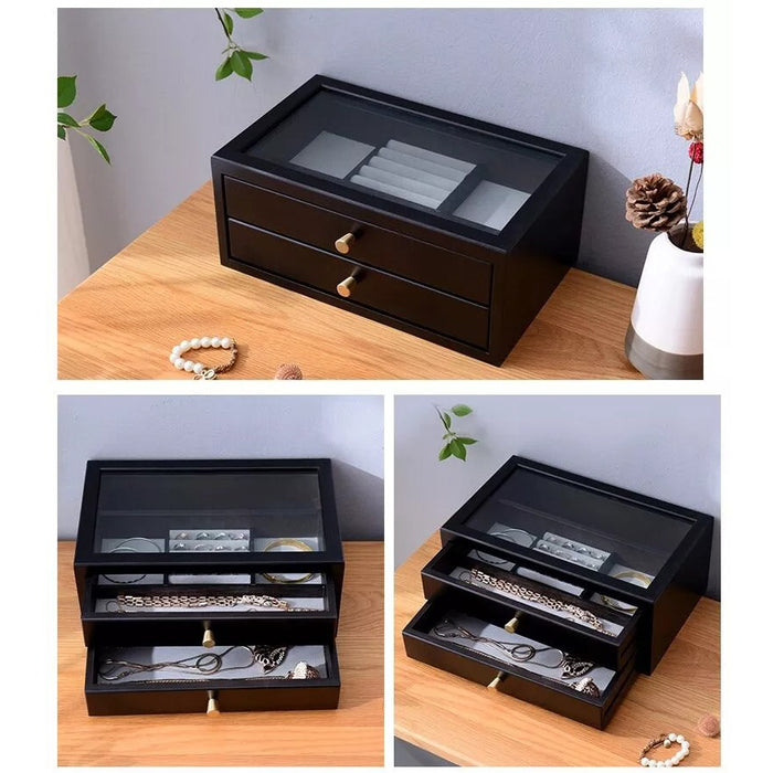 Two Drawer Black Solid Wood Jewelry Box , Jewelry Storage Display Organizer