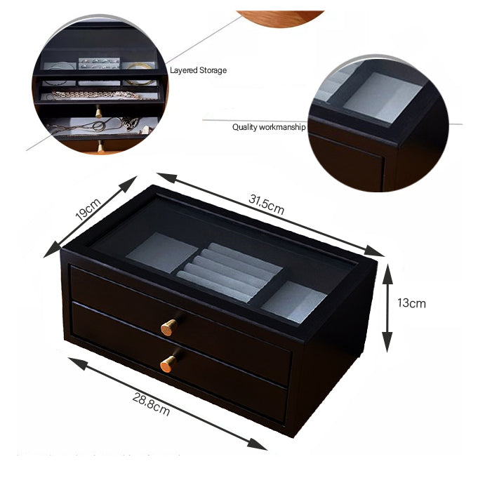 Two Drawer Black Solid Wood Jewelry Box , Jewelry Storage Display Organizer
