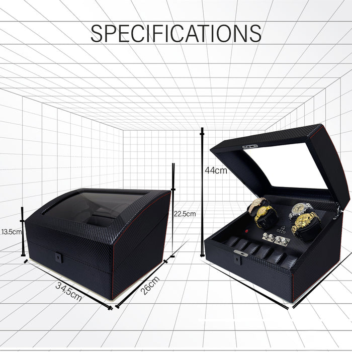 OTTO Quad Watch Winder and 6 Storage for Automatic Watch with TPD, LED LIGHT Functions in Carbon Fiber