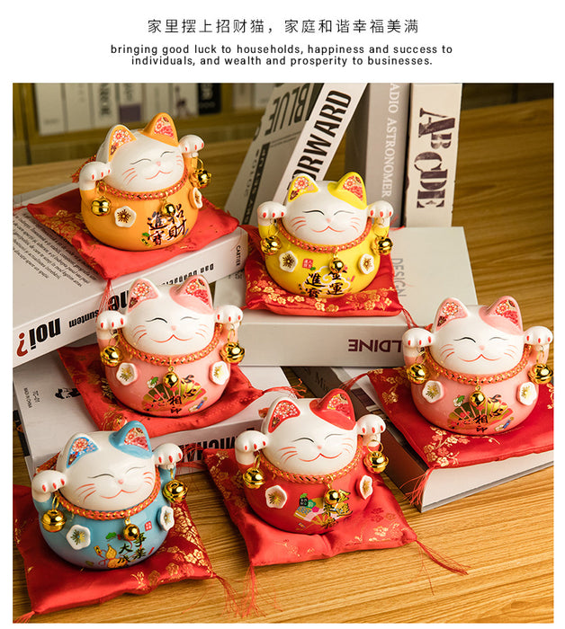 4.5inch Ceramic Fortune Cat Maneki Neko with Colour Meanings Ornament Money Box Lucky Cat Piggy Bank with Bells