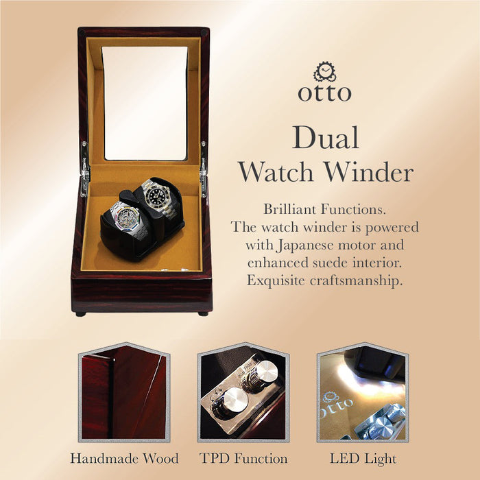 OTTO DUAL Watch Winder for Automatic Watch Piano Red Wood Brown Suede Interior with TPD, LED LIGHT Functions and Suede Interior