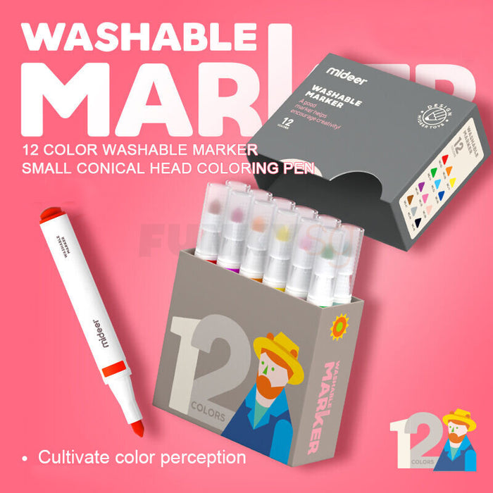 MiDeer Washable Markers Art 12 Colours Graffiti Conical Head Coloring Pen for Kids