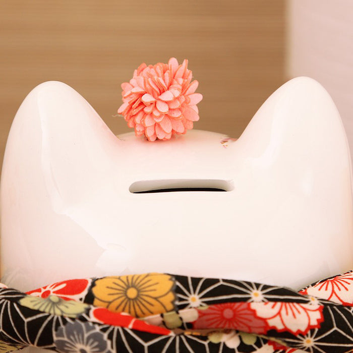 20cm Ceramic Fortune Cat Maneki Neko with Meanings Money Box Lucky Cat Piggy Bank with Bells