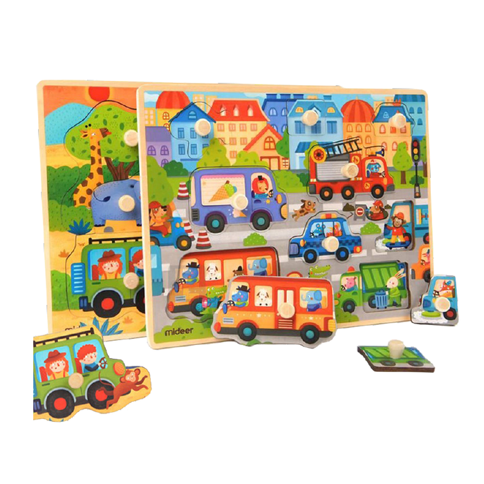 MiDeer Kids Large Wooden Puzzles Discovery Puzzle with Knobs- Animals, Traffic Puzzles